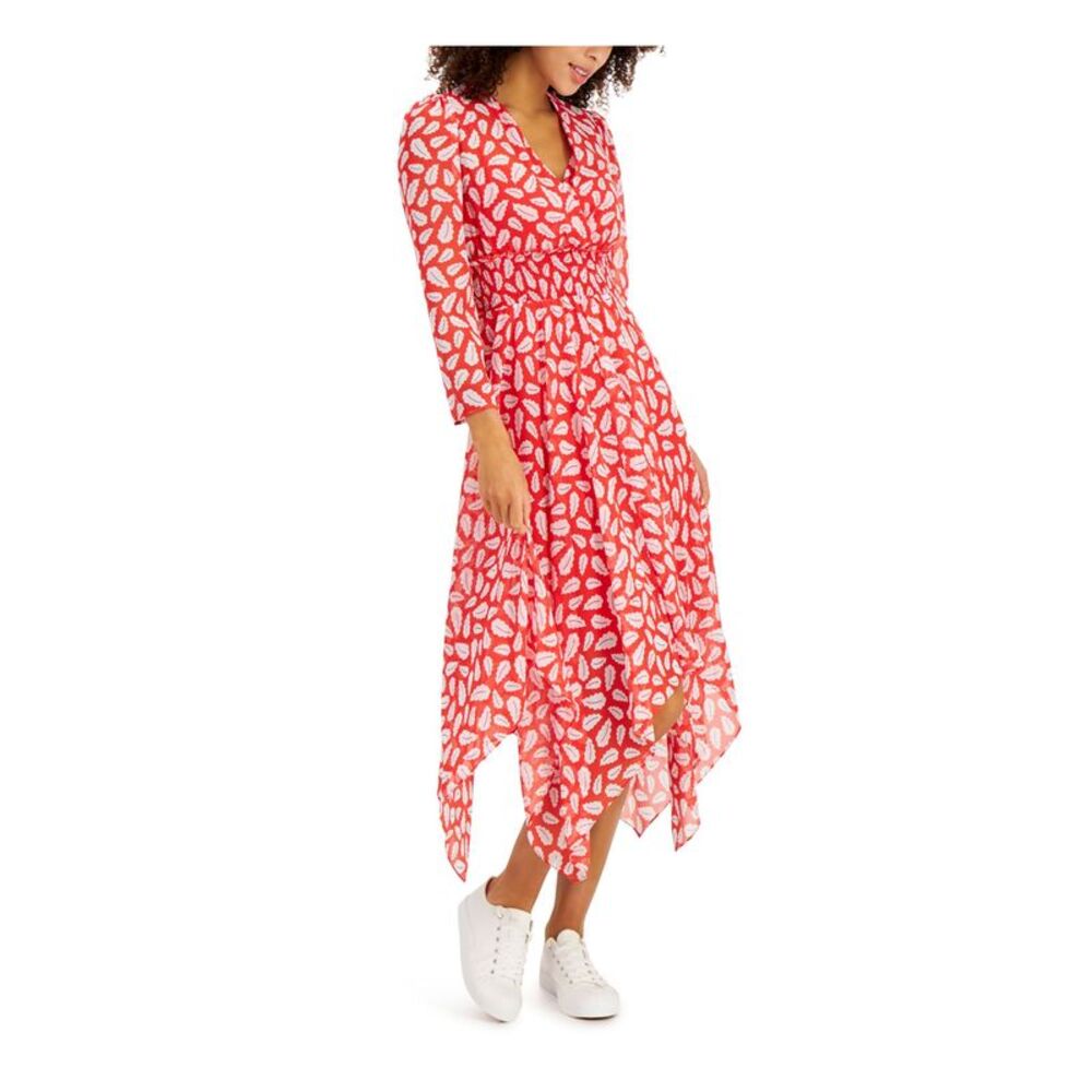 NWT ANNE KLEIN Womens Red Handkerchief Hem 3/4 Sleeve Midi Fit + Flare Dress 14